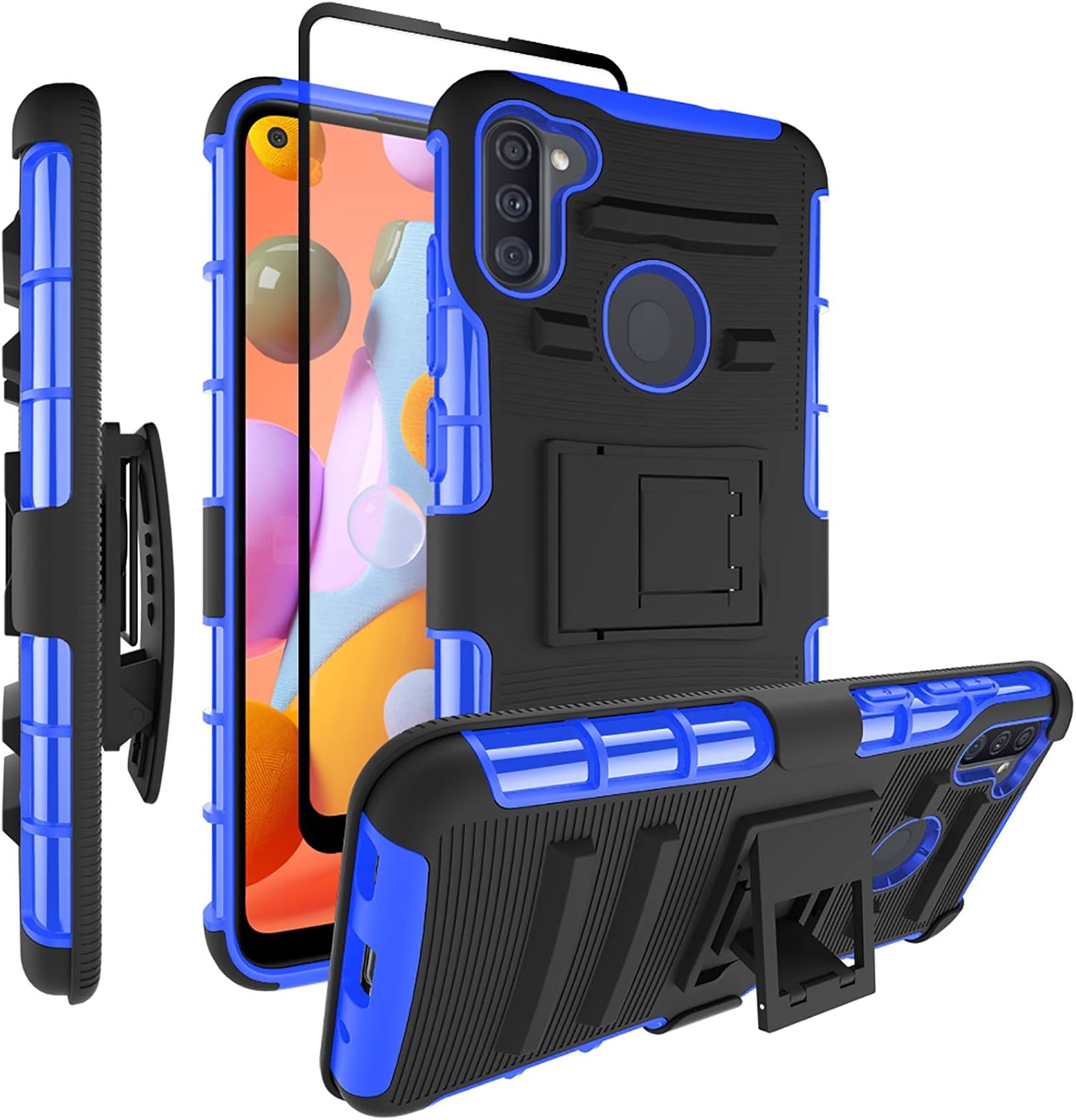 ChangeJ Compatible for Samsung A11 Case, Military Grade Protection with Tempered Glass Screen Protector Holster Belt Clip Amor Case for Samsung Galaxy A11 - Blue