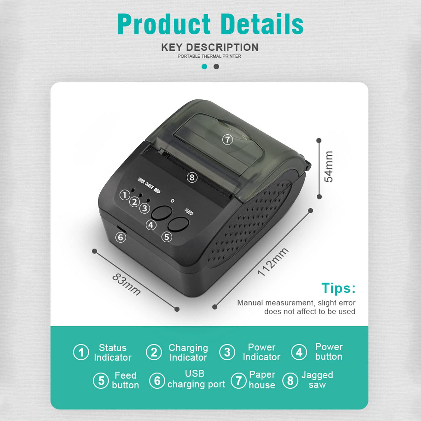 Stampante per Ricevute Bluetooth, POS-5809DD Mini Stampante per Ricevute POS Wireless da 58 Mm Stampante Termica Portatile da 90 Mm/s per Casa, Ufficio, Negozio, Compatibile con (Spina UE)