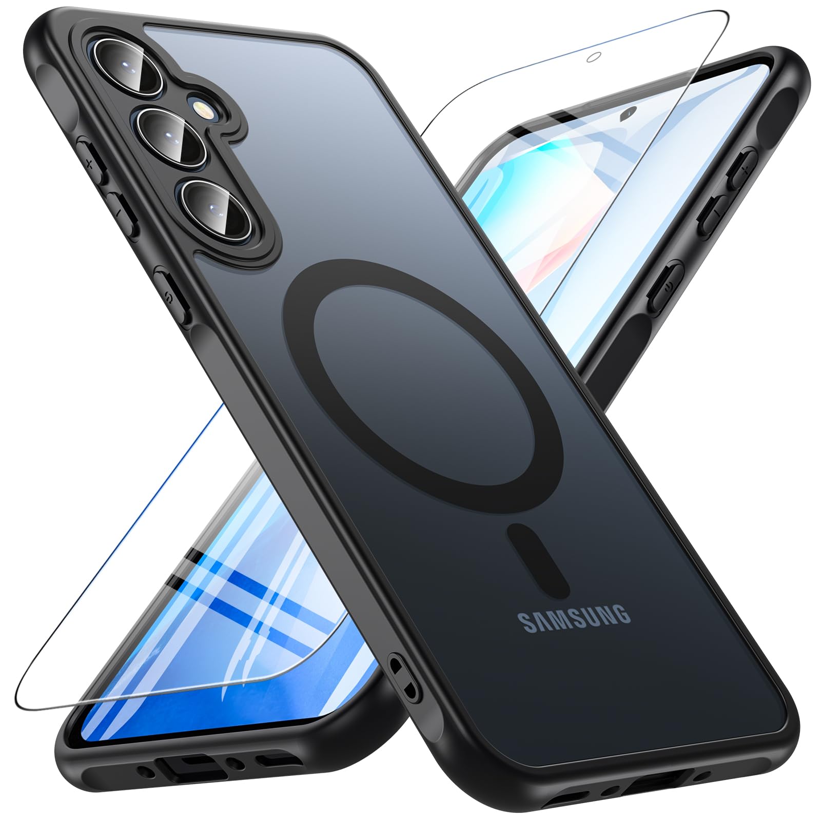 Magnetic for Samsung Galaxy A35 5G Case with Tempered Glass Screen Protector, Compatible with MagSafe, Shockproof Protective Translucent Back Phone Case Cover for Samsung A35 5G (Black)