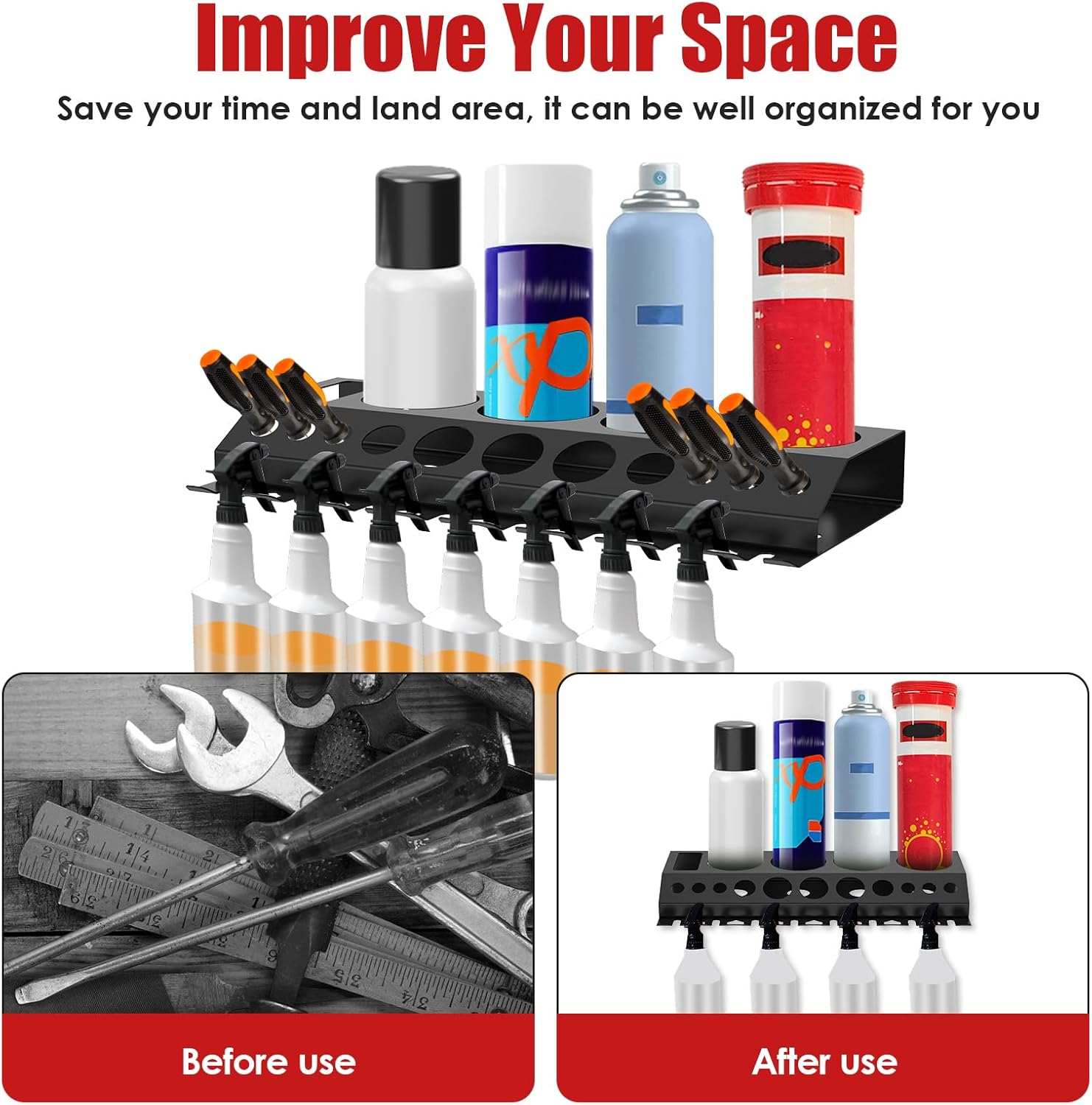 Bottle Storage Rack Detailing Brush Organizer Holder Spray Wall Mount Car Beauty Shop Accessory Display 8 air tool slots, 7 spray bottle hooks, 12 brush holes for Garage and Workspace