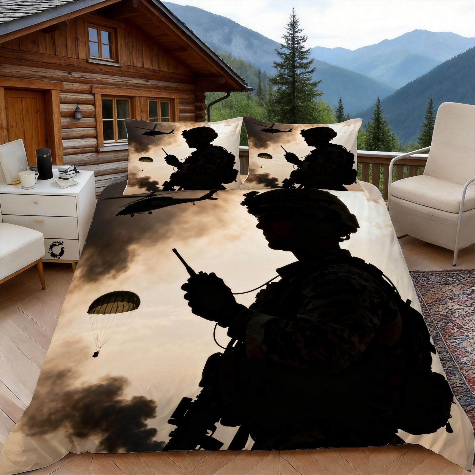 3D Super King Duvet Set 3D Printed Military War Silhouette Bedding, Soldier Silhouette Soft Microfibre Duvet Cover Sets Quilt Cover and Pillow Set with Zipper 3 Pcs