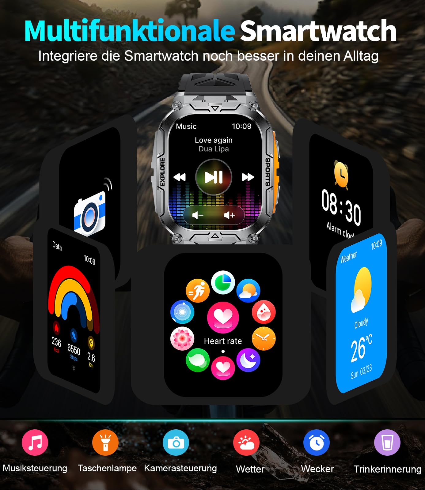 1000mAh Akku Smartwatch Herren Militär, 2.01" Sportuhr Herren mit Telefonfunktion/LED Taschenlampe, 100+ Sportmodi Fitnessuhr mit IP68,Herzfrequenz/Schlafmonitor,für Android iOS, Schwarz