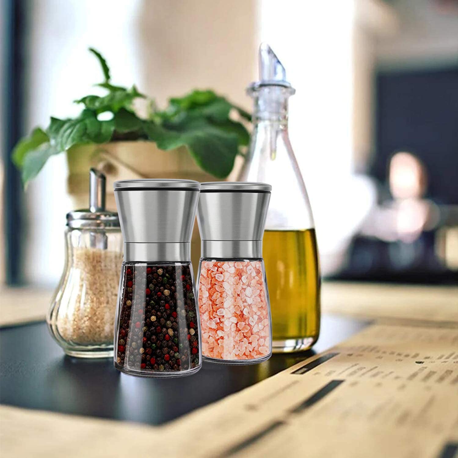 Molinillo de sal y pimienta, coctelera recargable de acero inoxidable cepillado 304, molinillo de sal marina y pimienta de cerámica ajustable, sal de vidrio alta, molino de pimienta y molino de 3
