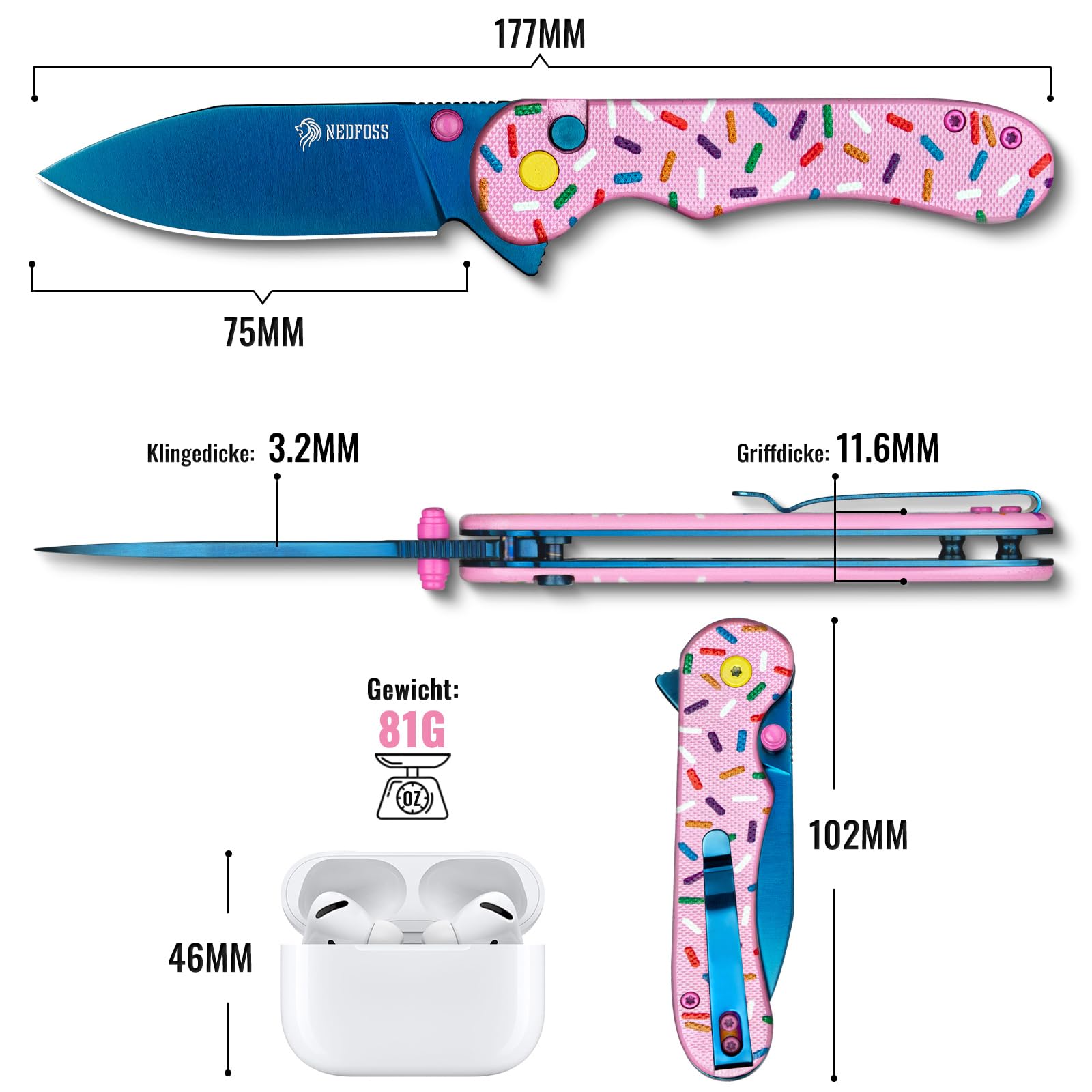 NedFoss DONUT couteau pliant, 14C28N acier couteau survie, Longueur lame 7.5 cm, revêtement titane bleu, manche g10 avec clip ceinture, mini couteau de poche