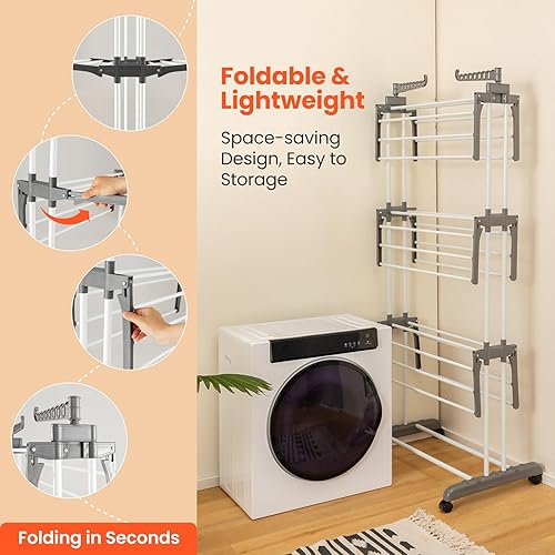 Miniatura 5 de Tangkula Escurridor de ropa plegable de 4 niveles, estante de secado de gran tamaño con ruedas bloqueables y marco de metal a prueba de óxido,