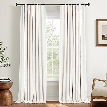 INOVADAY 100% Blackout Curtains 105 Inches Length 2 Panels Set, Back Tab/Rod Pocket Linen Black Out Curtains for Bedroom, Thermal Insulated Window Drapes - Cream, W50 X L105