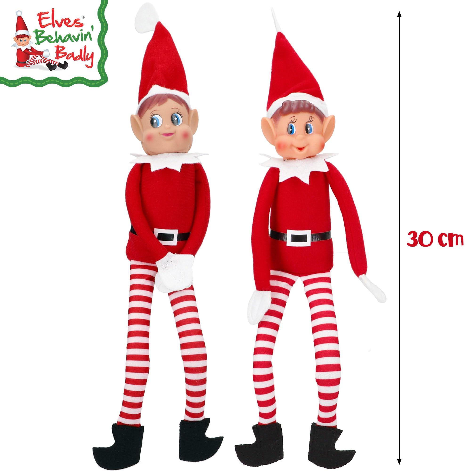 ColorBaby Elves Behavin' Badly, zestaw 2 niegrzecznych elfów, chłopca i dziewczyny, 30 cm, tradycja świąteczna, elastyczne ramiona i nogi, ręce z rzepem, lalki na Boże Narodzenie, gra dla dzieci