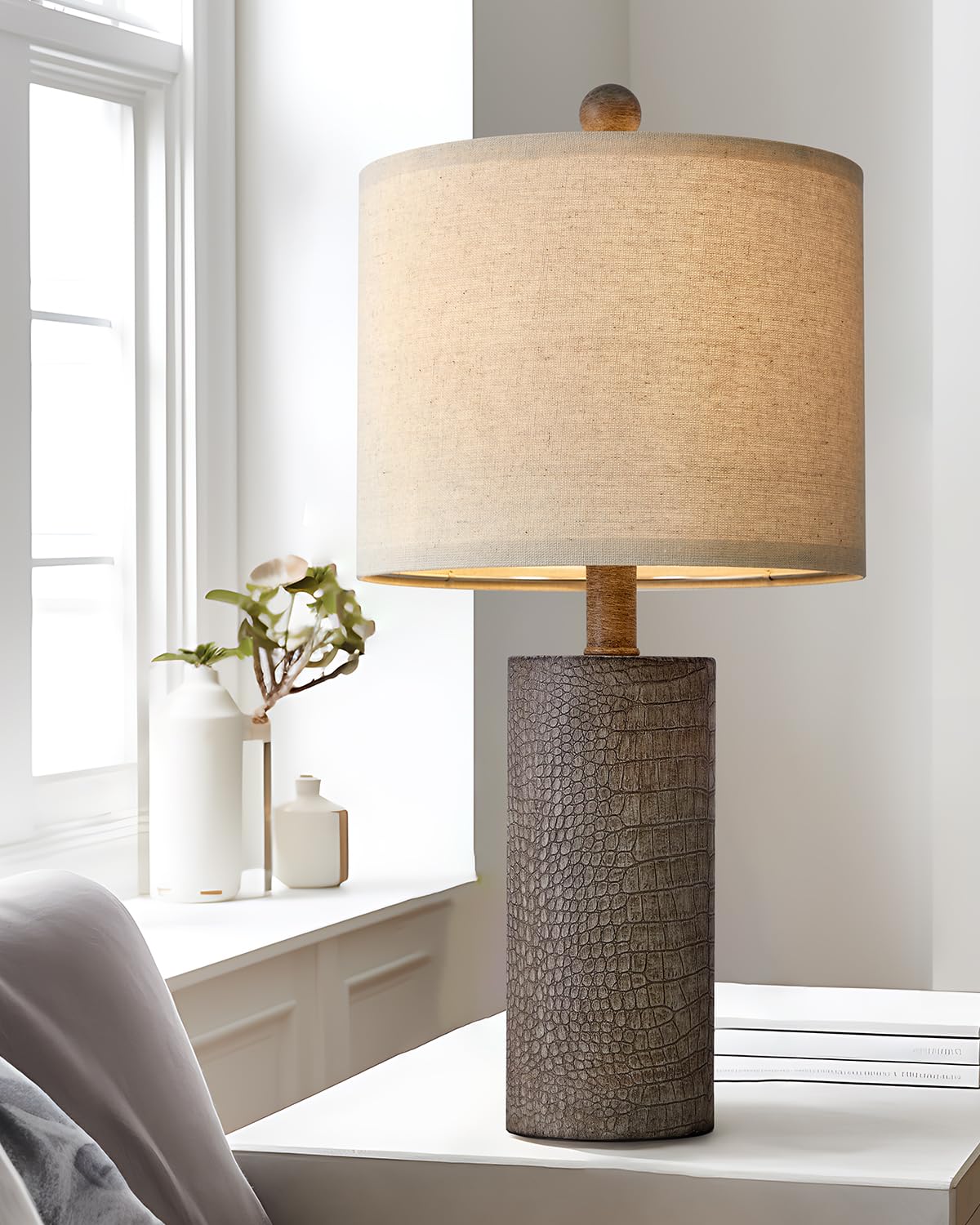 G-SAFAVA 20.5" Farmhouse Gray Imitation Leather Color Single Resin Lamps for Living Room Office Dorm Farmhouse Nightstand Lamp End Table Lamps