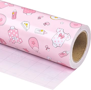 WRAPAHOLIC Pink Baby Shower Wrapping Paper - Mini Roll - 17 Inch x 16.5 Feet - Baby Girl Pink Wrapping Paper with Snapsuit and Bottle Design for Gender Reveal Party, Girls Birthday