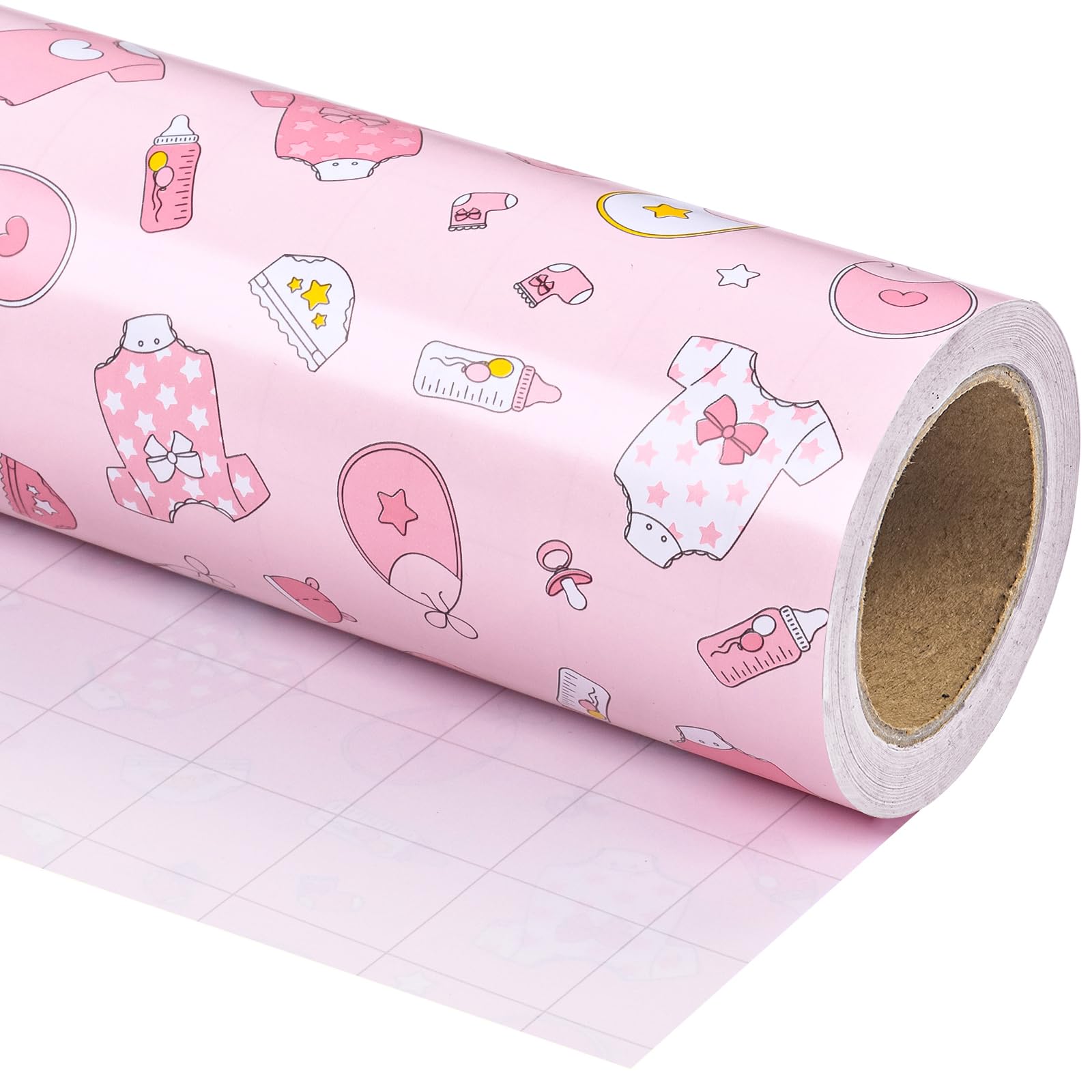 WRAPAHOLIC Pink Baby Shower Wrapping Paper - Mini Roll - 17 Inch x 16.5 Feet - Baby Girl Pink Wrapping Paper with Snapsuit and Bottle Design for Gender Reveal Party, Girls Birthday