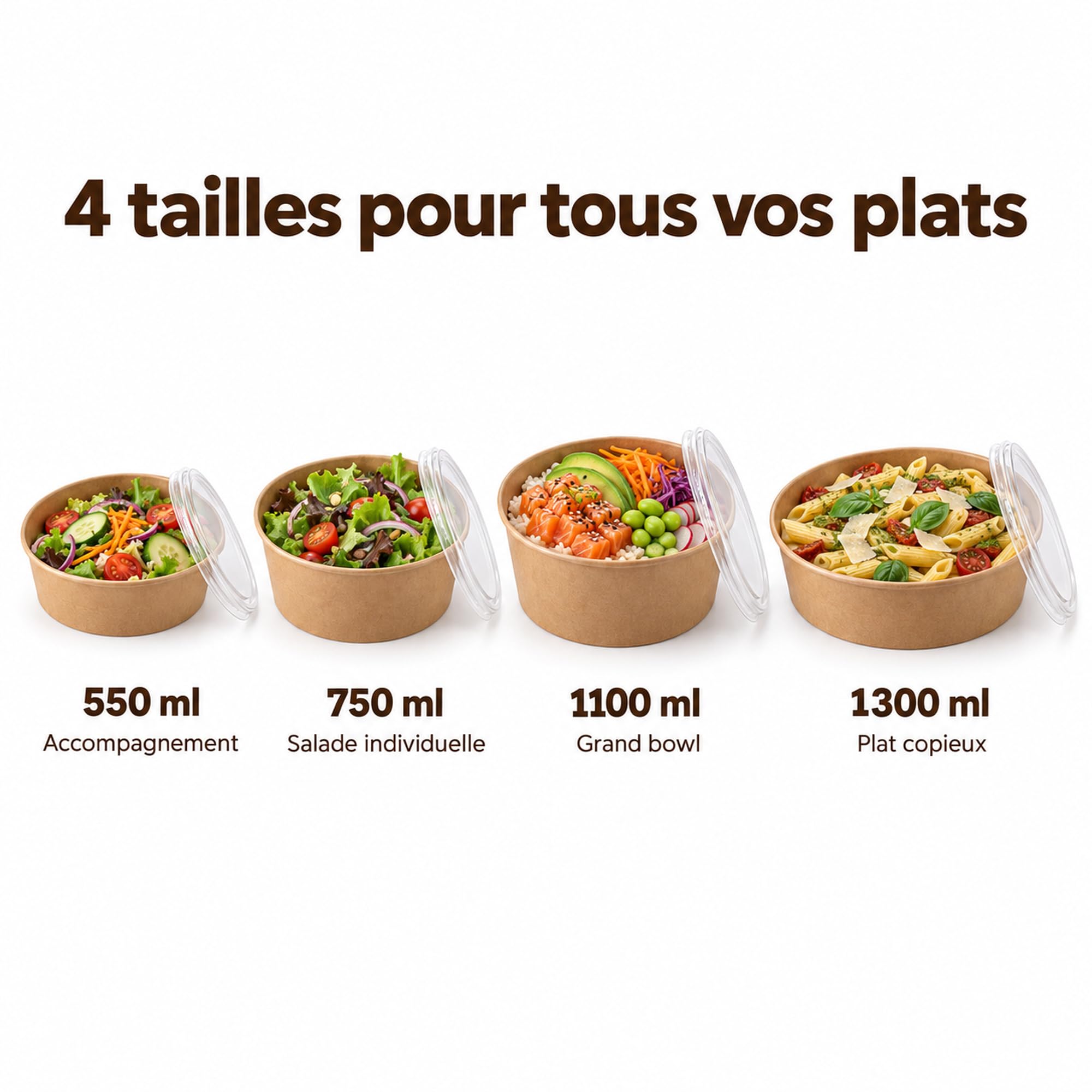 Salatschüssel mit Deckel 1300 ml - 100 Stück Einweg Pappschalen aus Kraftpapier, auslaufsicher beschichtet - Salatbox to go, Poke Bowl, Take Away Box für Gastronomie und Catering