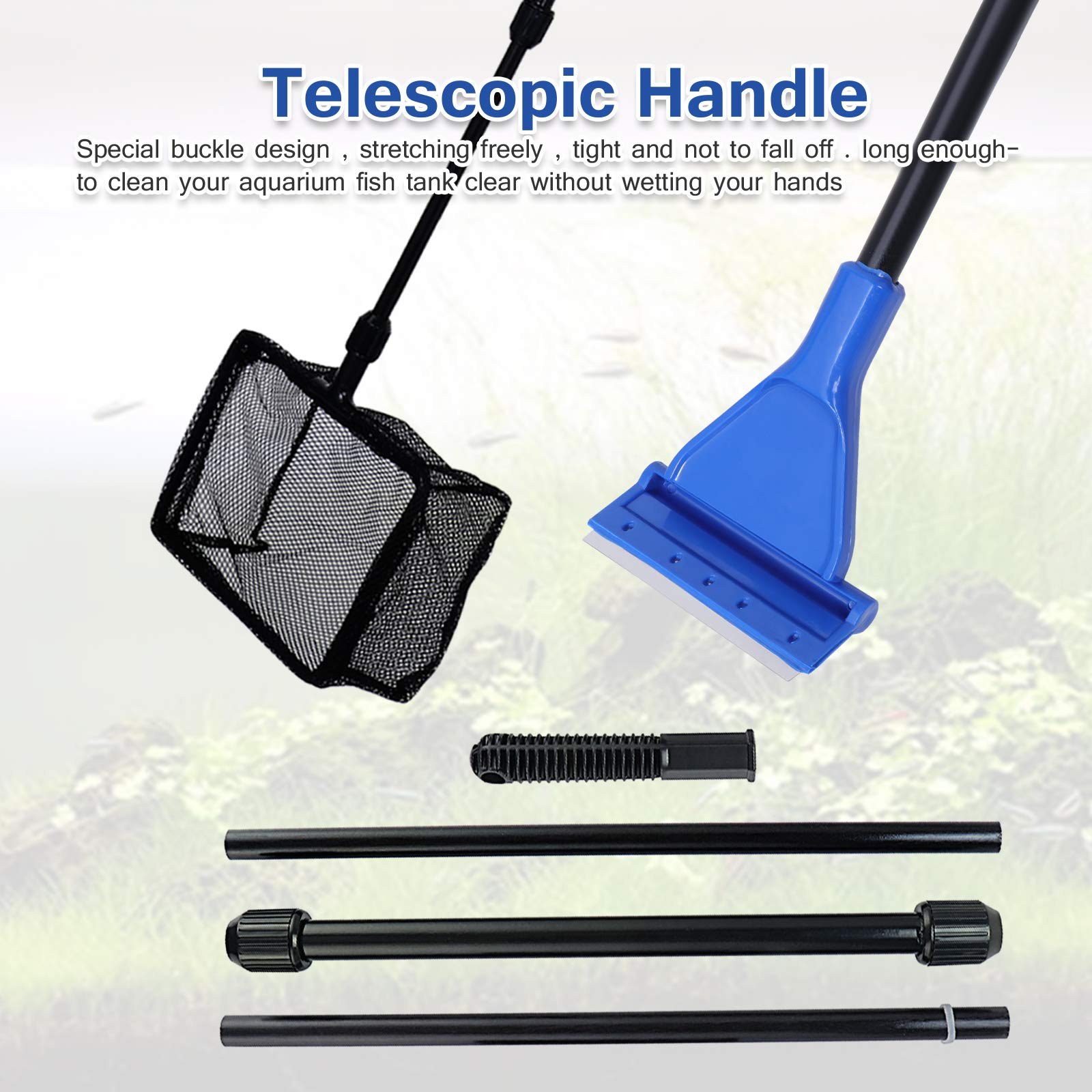 Kit D'outils de Nettoyage 9 en 1 pour Aquarium, épuisette de Poisson, Râteau, Fourche, Grattoir, éponge et Acier Inoxydable, Kit D'outils D'aquarium