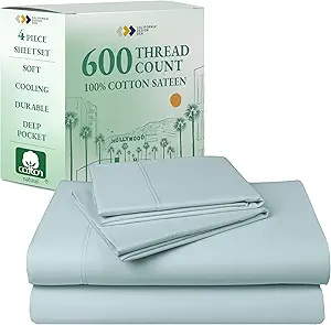 California Design Den Luxury King Size Sheet Set - 100% Cotton, 600 Thread Count Deep Pocket King Sheets, Hotel-Quality Bedding with Sateen Weave - Seafoam