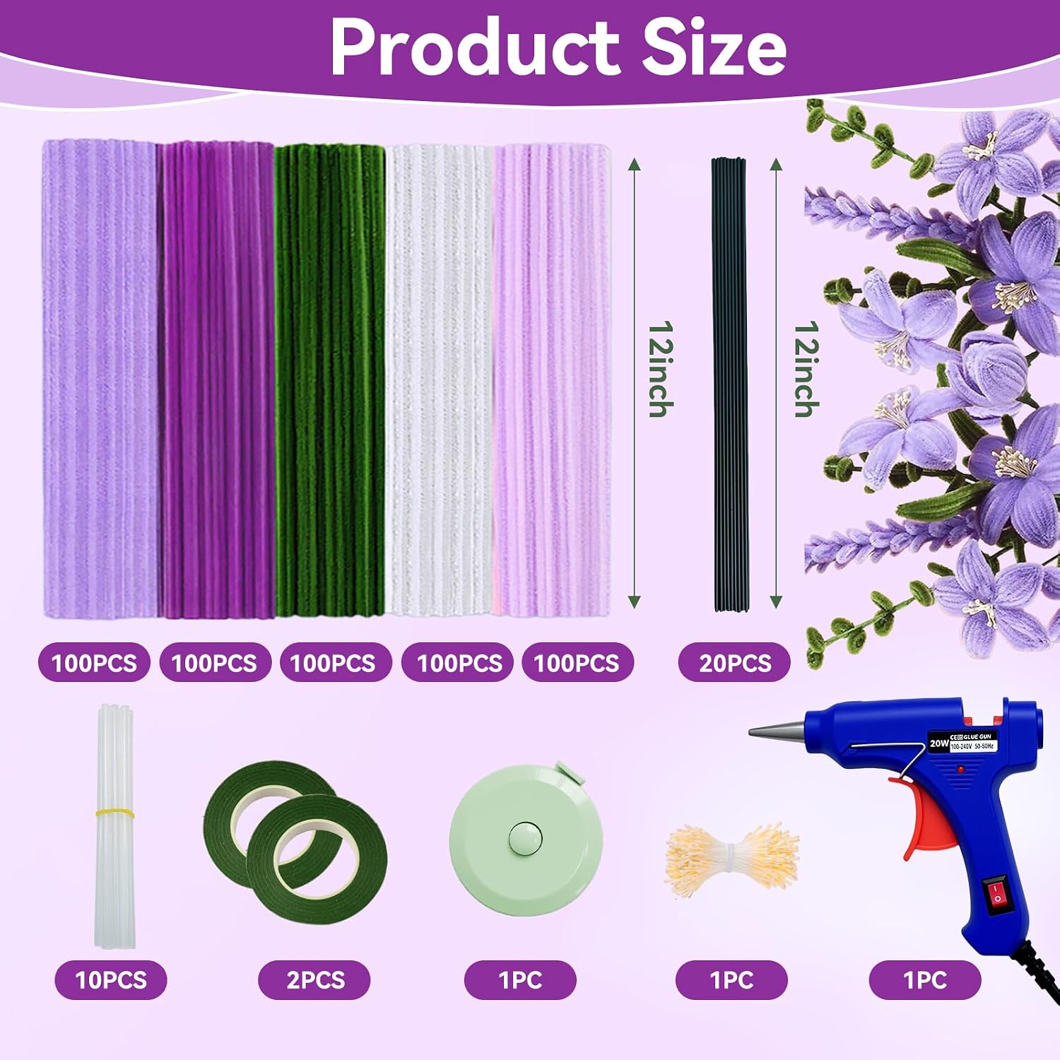 500 Pcs Pipe Cleaners for Crafts – 5 Colors Chenille Stems with Glue Guns & Tape Measure – Perfect for DIY Projects, Holiday & Room Decorations, Arts and Crafts Activities (Purple, 12in x 8mm)
