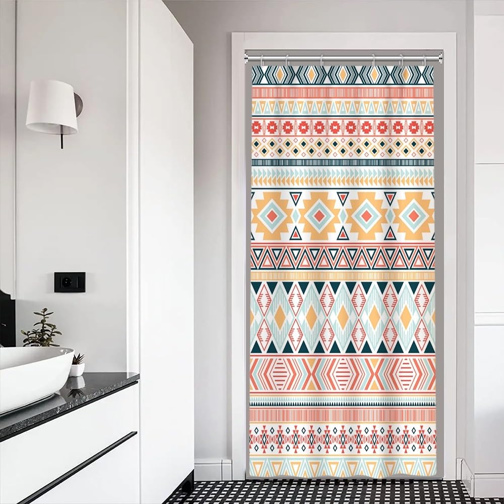 Xiaoterna 90x180cm Boho Shower Curtain Vintage Medieval Colorful Geometric Stripes Waterproof Polyester Bathroom Curtain Modern Art Farmhouse Machine Washable Mildew Resistant Bathroom Decoration