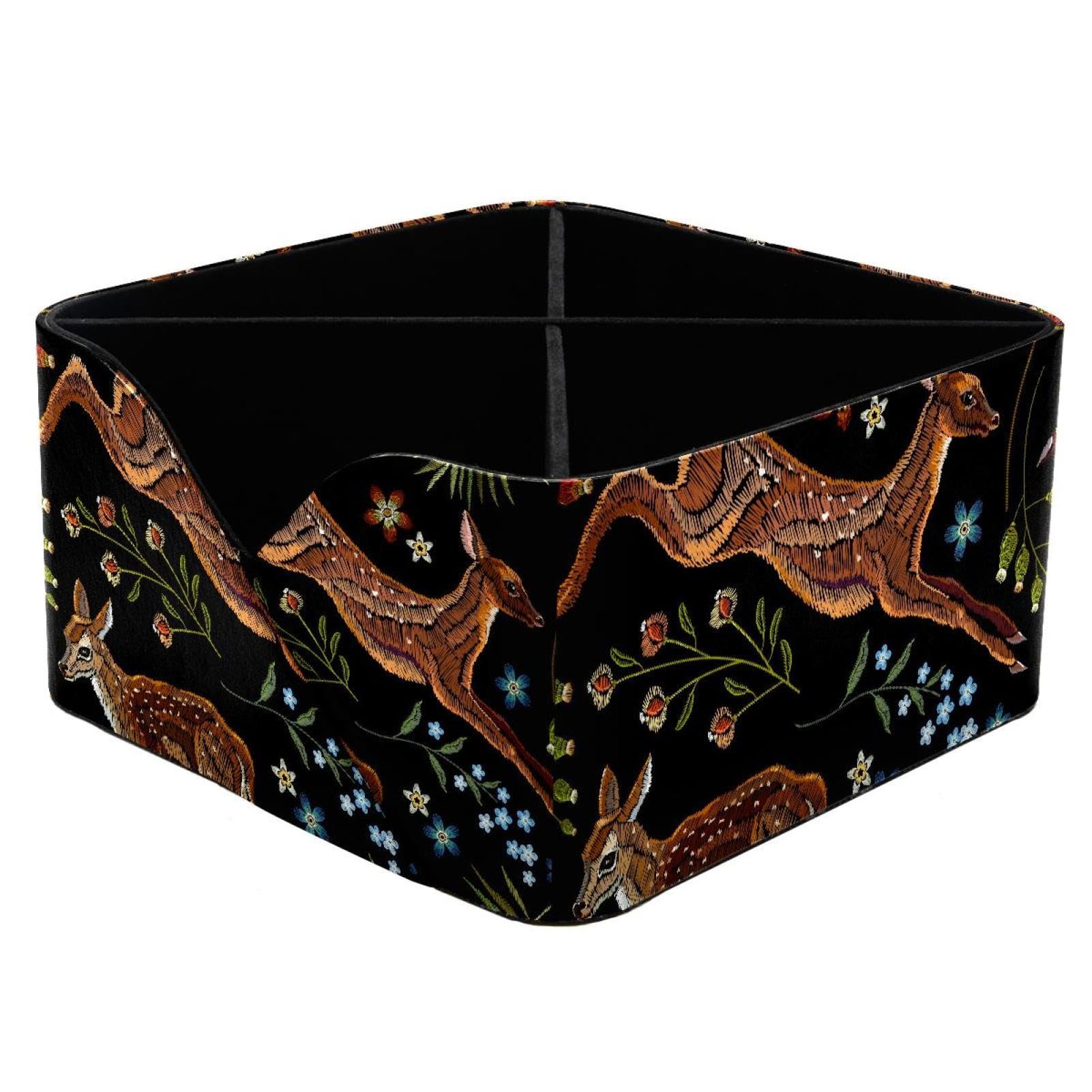KengjuTesu Forest Deer Flowers Pattern Desktop Organizer Pen Holder, Rectangular Pencil Cup for Office, Study and Makeup Stations