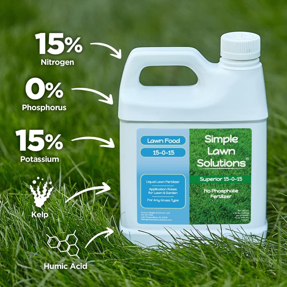 Superior 15-0-15 Liquid Fertilizer Nitrogen & Potash Lawn Food - Concentrated Spray- Any Grass Type- Simple Lawn Solutions Green, Growth - Humic Acid - Kelp Seaweed - Phosphorus-Free (1 Quart)