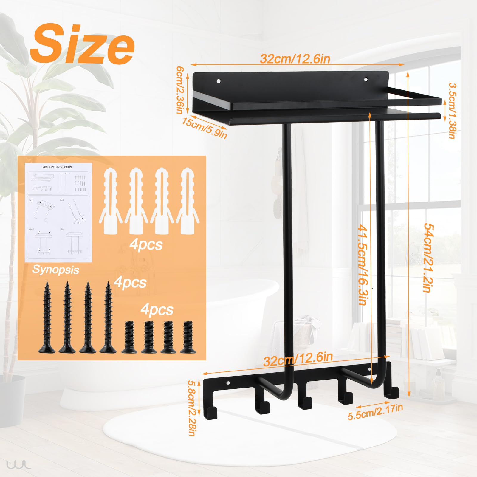 Dokeno Porta Asciugamani da Parete con Ganci e Mensola, Supporto per Asciugamani e Accessori da Bagno, Installazione a Vite, 32 x 16 x 45 cm, Nero