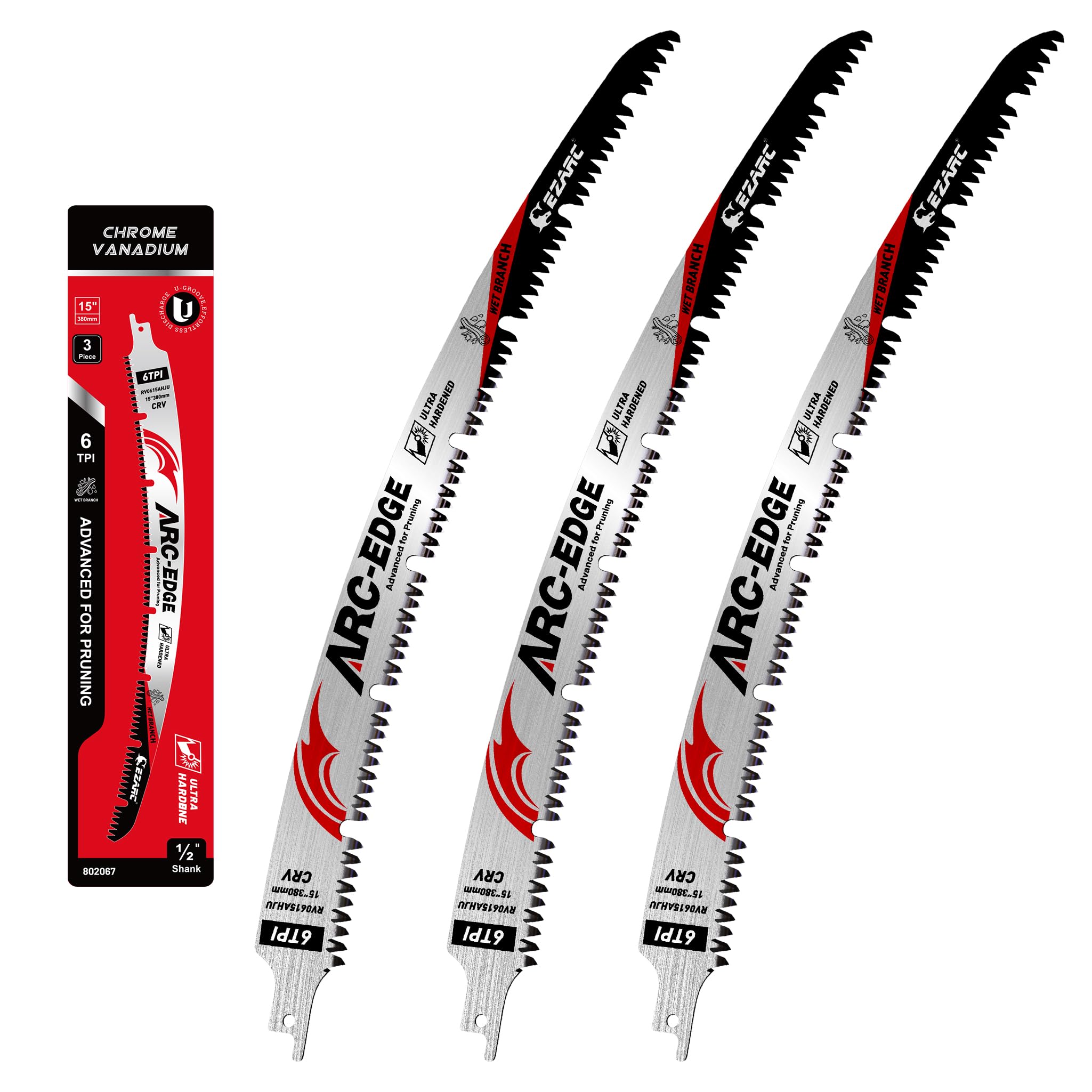 EZARC Japanese Tooth Reciprocating Saw Blade 380 mm, Arc Edge Blade Woodworking Pruning Saw Blade 6TPI, Suitable for Tree Pruning and Wet Wood Cutting, Triple Ground and U-groove Design, 3 PCS
