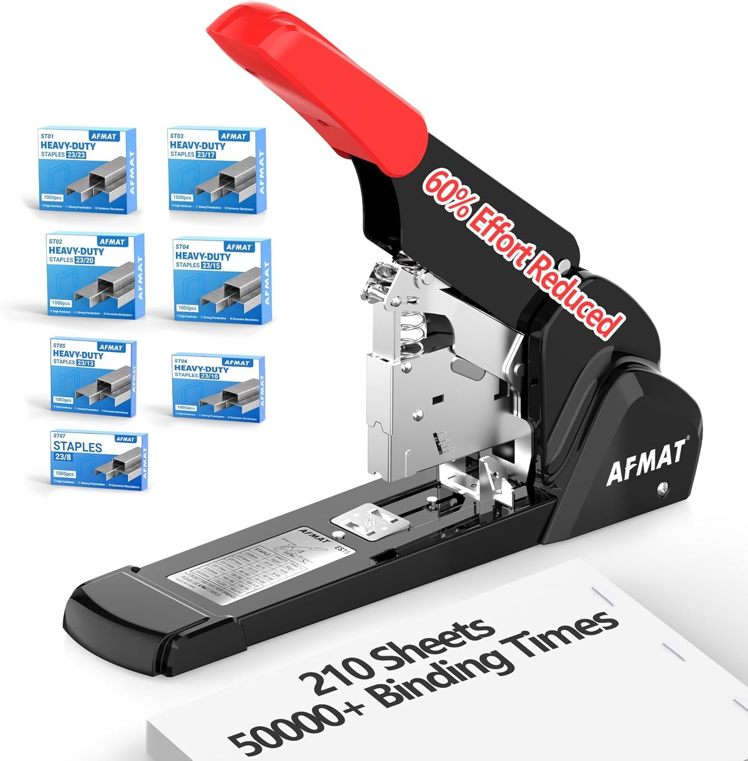 AFMAT Heavy Duty Stapler, 210 Sheet Capacity, 60% Effort Reduction, Jam-Free, Full Metal Body, 50,000+ Uses, Adjustable Paper Depth, Desktop Stapler for Office & Home, Includes 7,000 Staples,Red ES15