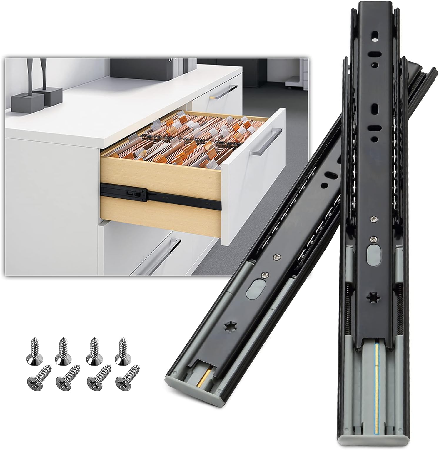 AOLISHENG 1 Pair Soft Close Drawer Slides 12 14 16 18 20 22 24 Inch 100 lb Load Capacity Side Mount Full Extension Ball Bearing Self Slow Closing Rail Cabinet Metal Runner Dresser Glide Track Black