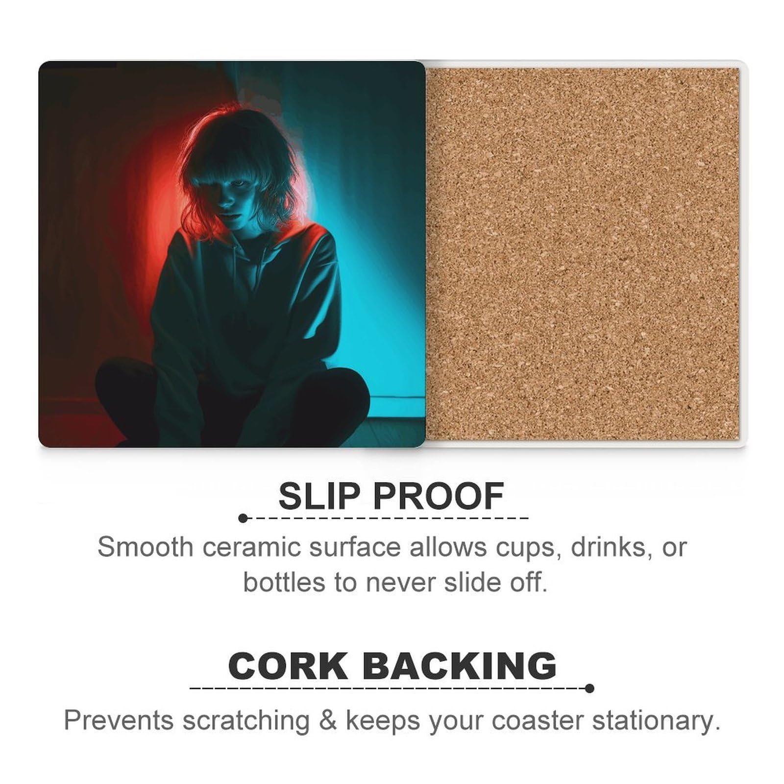 6 posavasos cuadrados de cerámica para bebidas sentado en la habitación oscura, posavasos impresos para el hogar y el café, regalos de cumpleaños, adecuados para tipos de tazas
