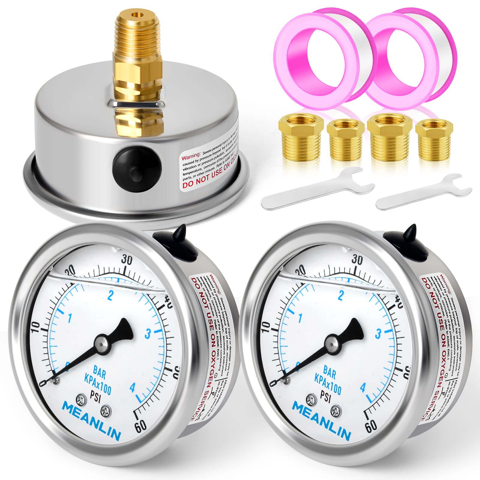 MEANLIN MEASURE 0~60Psi Stainless Steel 1/4" NPT 2.5" FACE DIAL,Liquid Filled Pressure Gauge,Pool Sand Filter Pressure Test Back Mount(Pack of 2) with