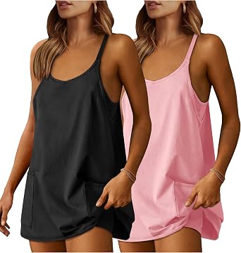 Womens 2 Pack Summer Mini Dress Oversized Workout Athletic Dress with Built in Shorts Spaghetti Strap Rompers