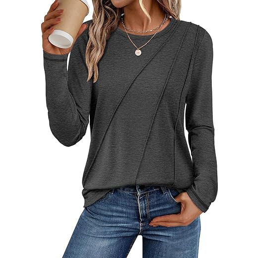ATHMILE Womens Long Sleeve Shirts Pleated Crew Neck Casual Fall Fashion Tops Loose Fit Lightweight Girls Outfits Clothes