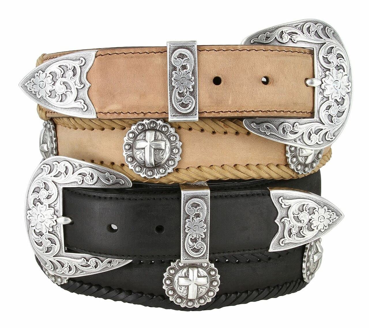 Western Silver Cross Berry Conchos Leather Scalloped Belt 1 1/2