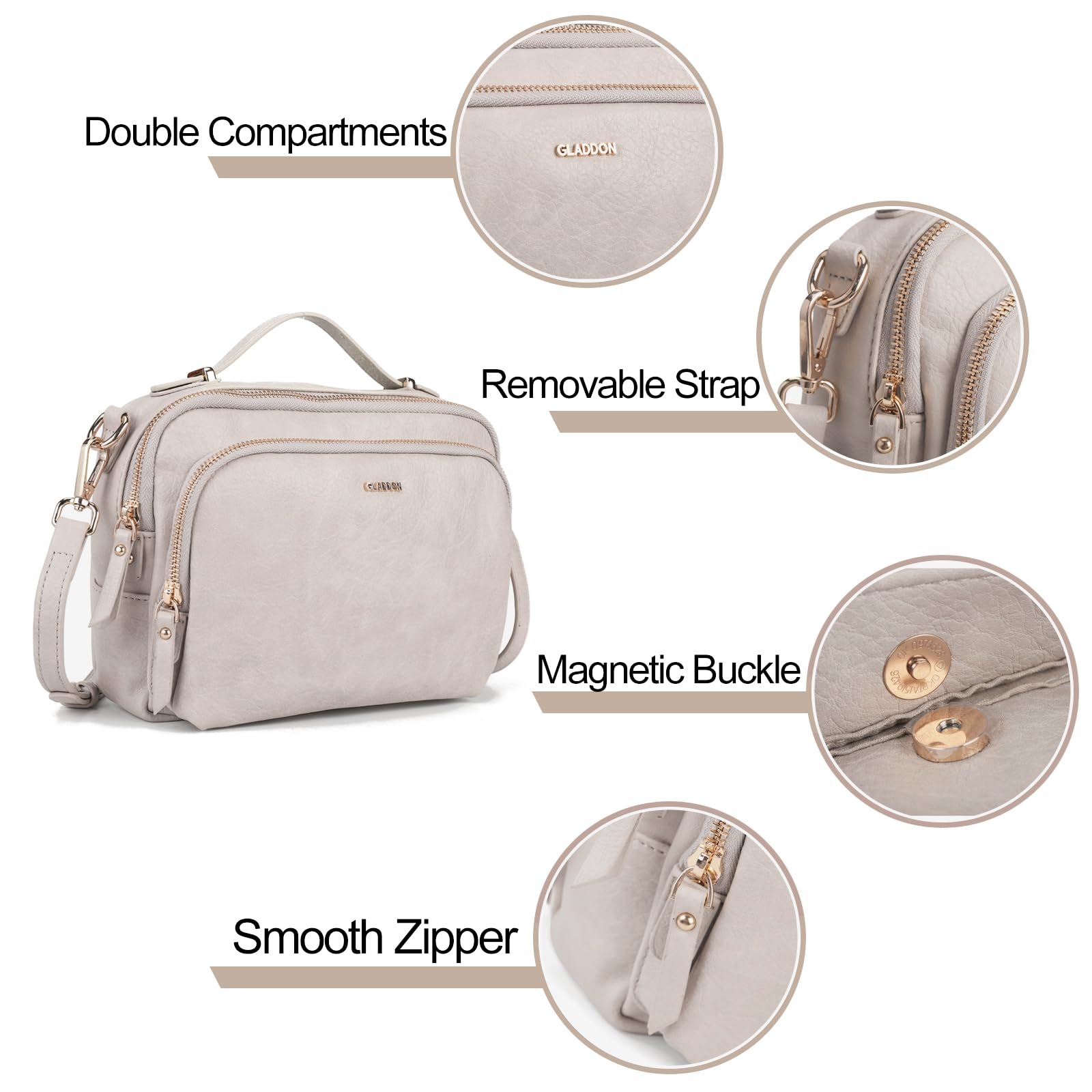 Gladdon Piccola Borsa a Tracolla Donna, Crossbody Bag con 3 Scomparti Capienti, Borsa Mano PU Pelle Sintetica, Borsetta Moda Borse Spalla con Tracolla Regolabile e Rimovibile…Nude