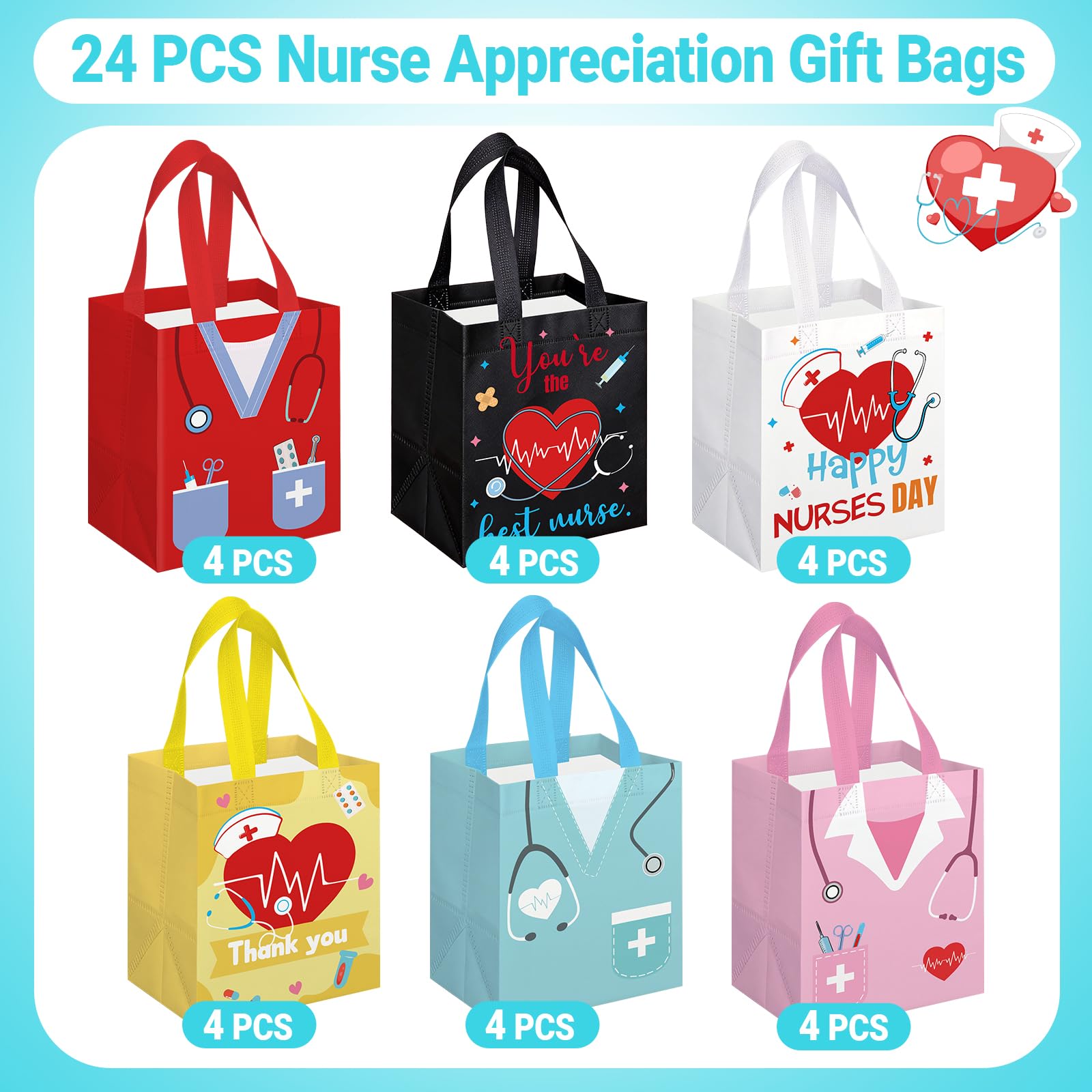 KOPOOEOE 24 Pcs Nurse Week Gifts Bags Bulk Nurse Appreciation Gift Bag with Handles Reusable Thank You Treat Bag for Rn Cna Crna Non Woven Treat Tote Bags for Medical Assistant Party Favor