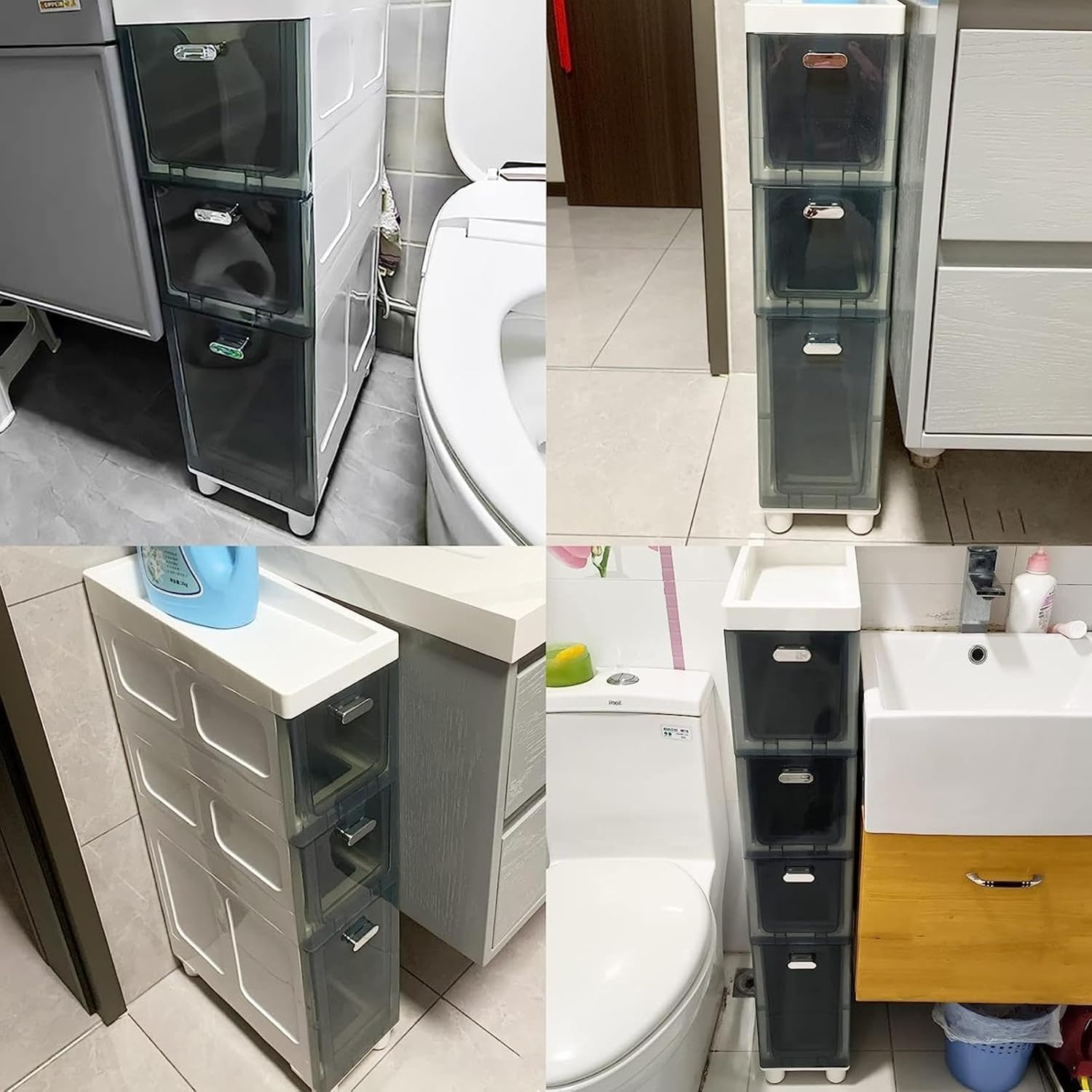 Narrow Tall Slim Floor Cabinet, 3/4/5 Tier Bathroom Floor Cabinet Side Organizer with Plastic Drawers and Casters Narrow Dresser Tower Sturdy Toilet Paper Storage Cabinet for Small Spaces and Gaps