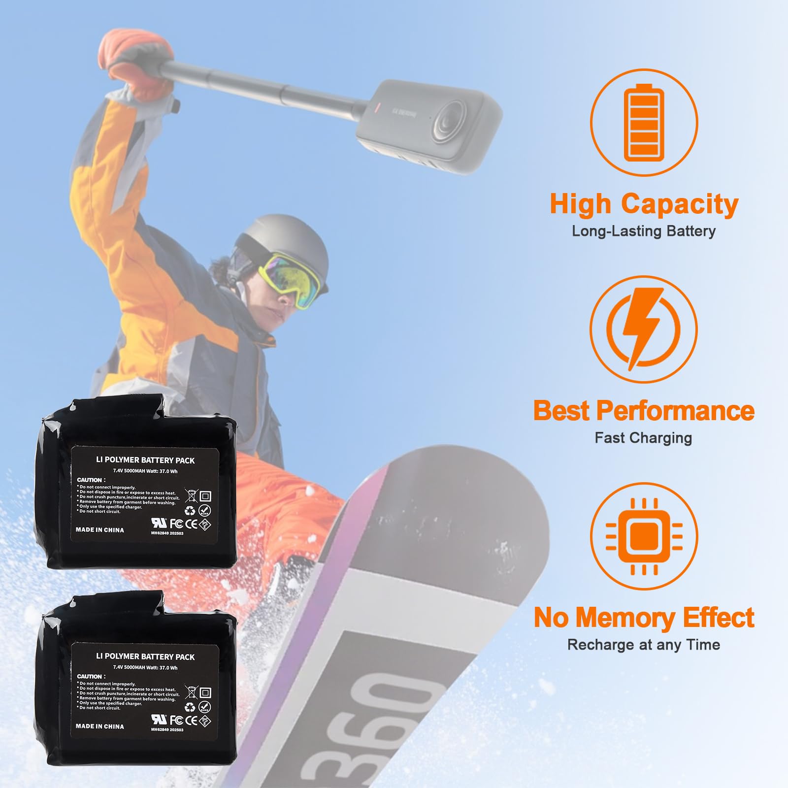 2Pcs 7.4V 5000mAh Baterías Recargables de Polímero de Litio de 37 WH con Cargador para Guantes, Calcetines, Pasamontañas, Gorros, Plantillas, Ropa Interior Térmica y Mitones