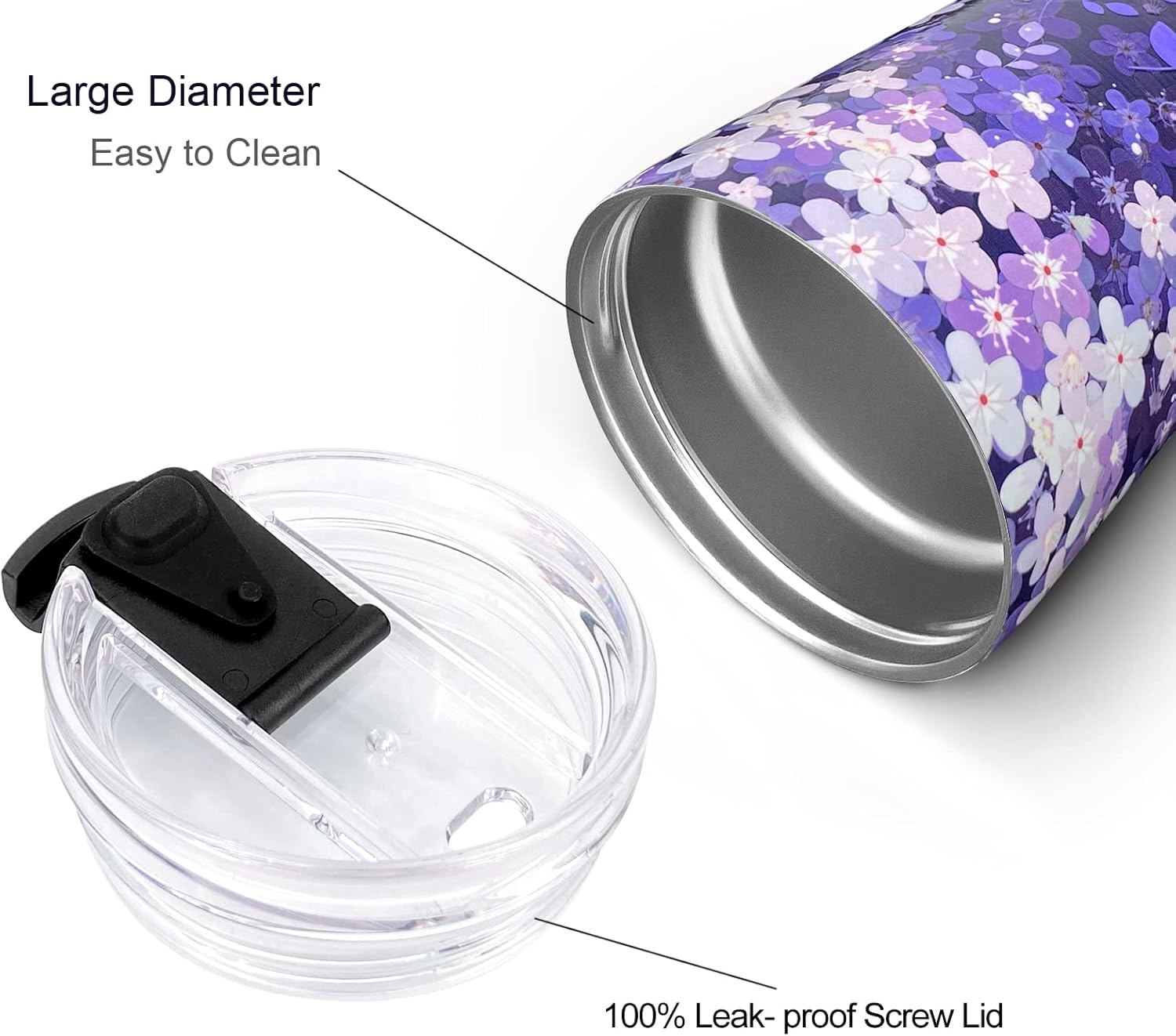 24oz Portable Vacuum Insulated Stainless Steel Tumbler with Leak-proof Lid and Straws, Beverage Tumbler Cup, Floral Designed Travel Coffee Mug, Purple blossoms - Image 3