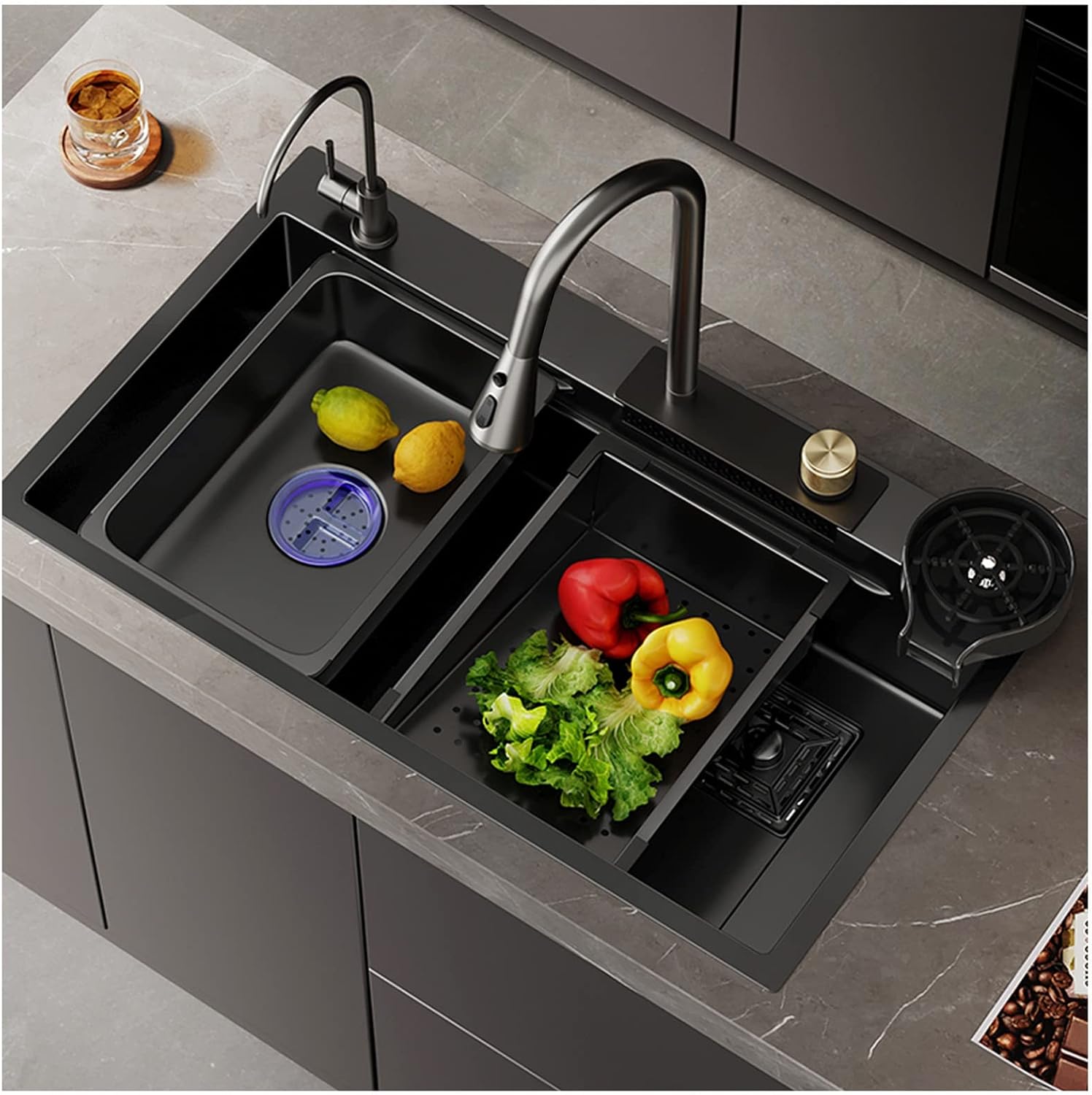 Generic 304 Stainless Steel Stepped Kitchen Sink Bar Preparation Sink Multi Function RV Sink with Faucet and Drain Assembly Drop in Or Under Mount (Color : Black-A, Size : 68x45x21cm)