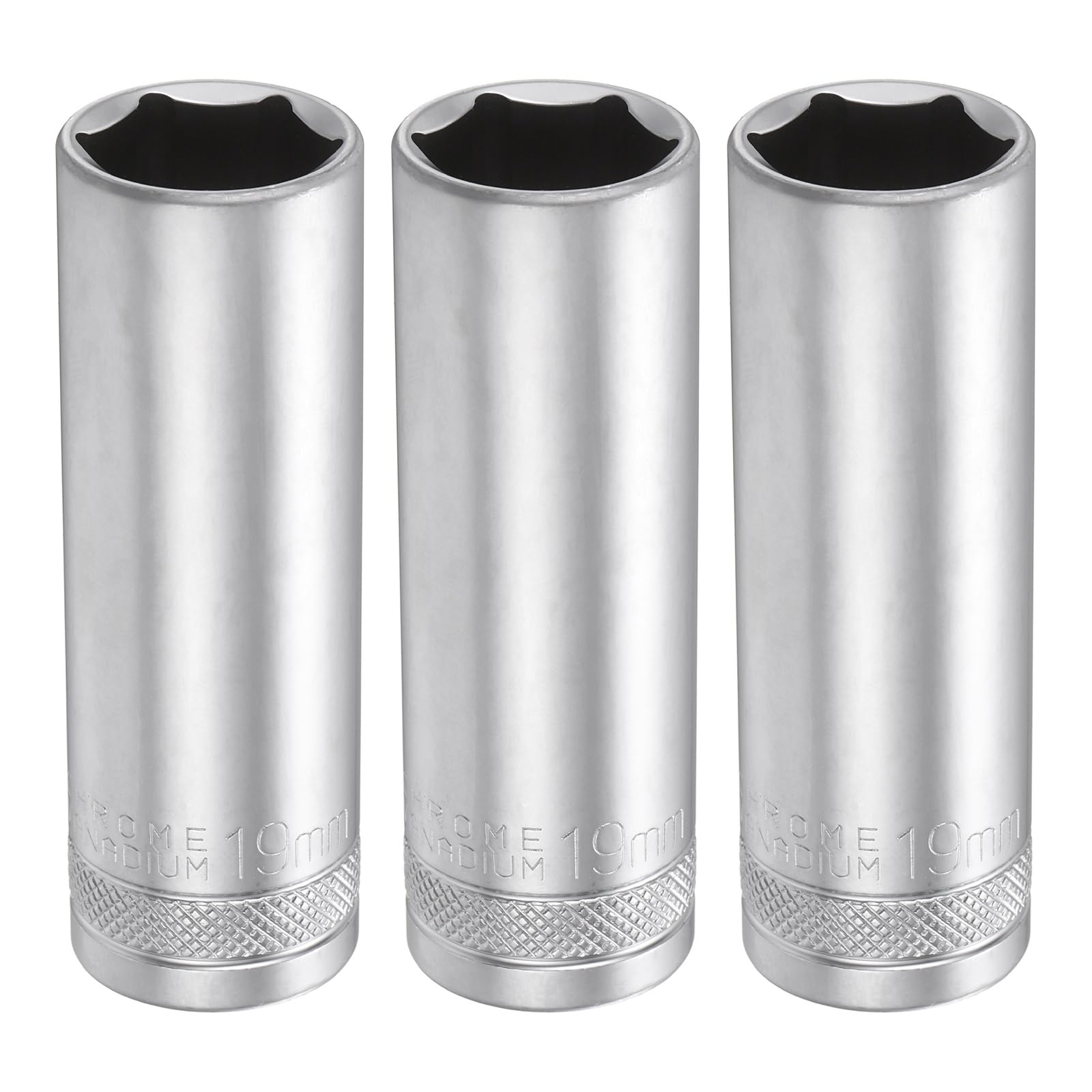 sourcing map 3pcs 6 Points Deep Socket 1/2" Drive 19mm Deep Metric CR-V Steel Polished Nickel Plating 78mm / 3.1" Long Hex Socket Tool for Home Auto Nuts Bolts Repair