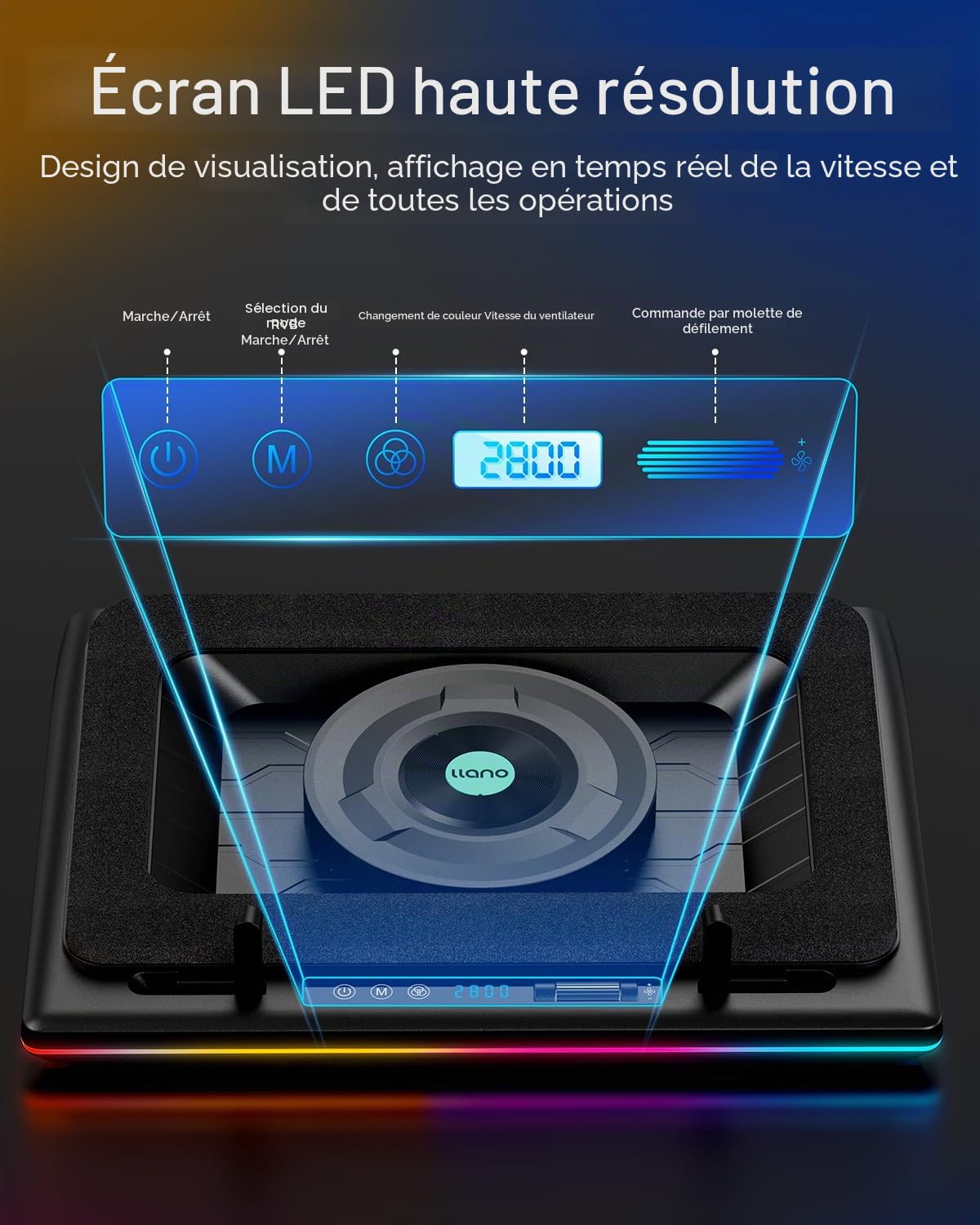 llano Refroidisseur Ordinateur Portable avec RGB, Ventilateur Turbo de 14cm Extra Large à Vitesse réglable,Mousse d'étanchéité, concentrateur USB de 3 Ports pour portatile de 38 à 48cm