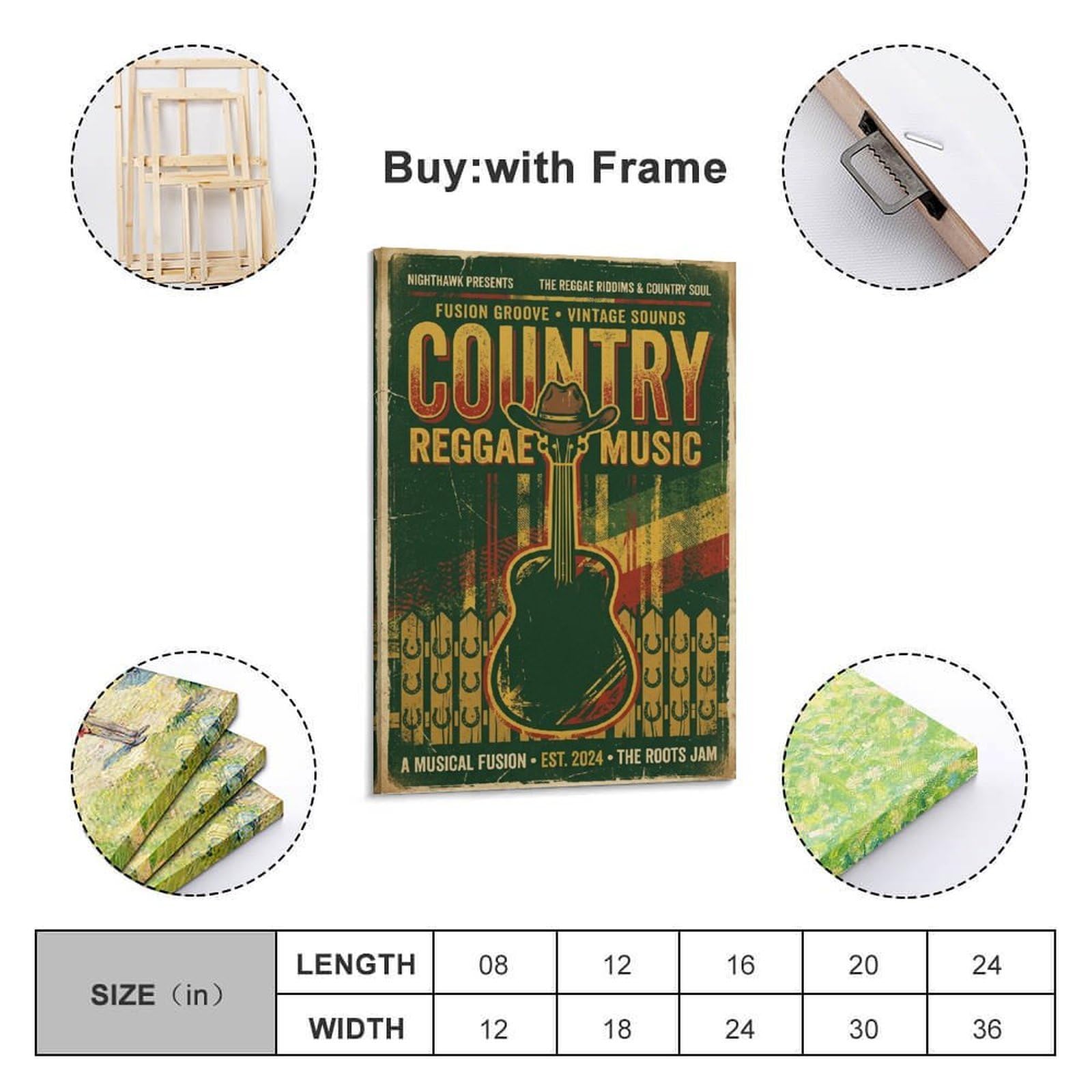 OKNGB Poster decorativo da parete su tela, motivo country reggae, cappello da cowboy e chitarra, stampa artistica su tela, poster decorativo moderno, per camera da letto, 60 x 90 cm