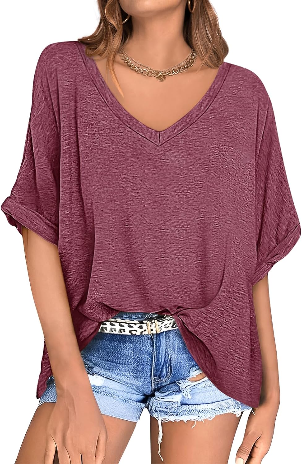 UEU Womens Oversized T-Shirts Summer V Neck Casual Shirts Short Sleeve Workout Tunic Tops