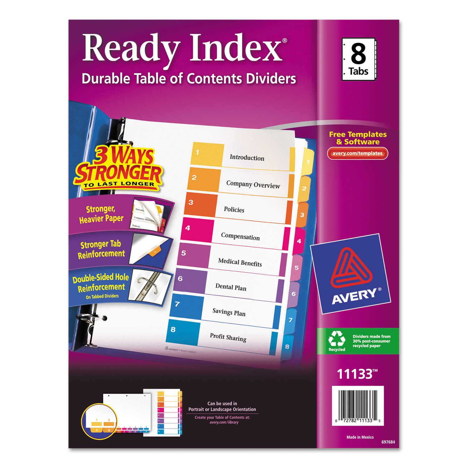 Avery 11133 Ready Index Dividers,TOC,1-8 Tab,3HP,8-1/2-Inch x11-Inch,1/ST,Multi