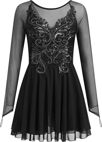 AFAVOM Womens Figure Ice Skating Dress Shiny Rhinestones Ballet Dance Dress Long Sleeve Competition Lyrical Chiffon Dress
