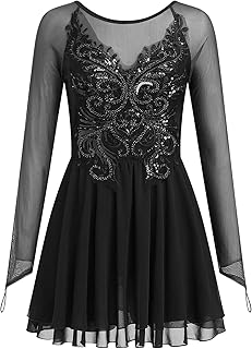 Women's Figure Ice Skating Dress Shiny Rhinestones Ballet Dance Dress Long Sleeve Competition Lyrical Chiffon Dress - Buy now