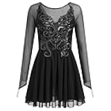 Figure Skating Dress for Women Butterfly Sequin Mesh Sleeve Adult Ice Skater Outfits Rhythmic Gymnastics Chiffon Dress
