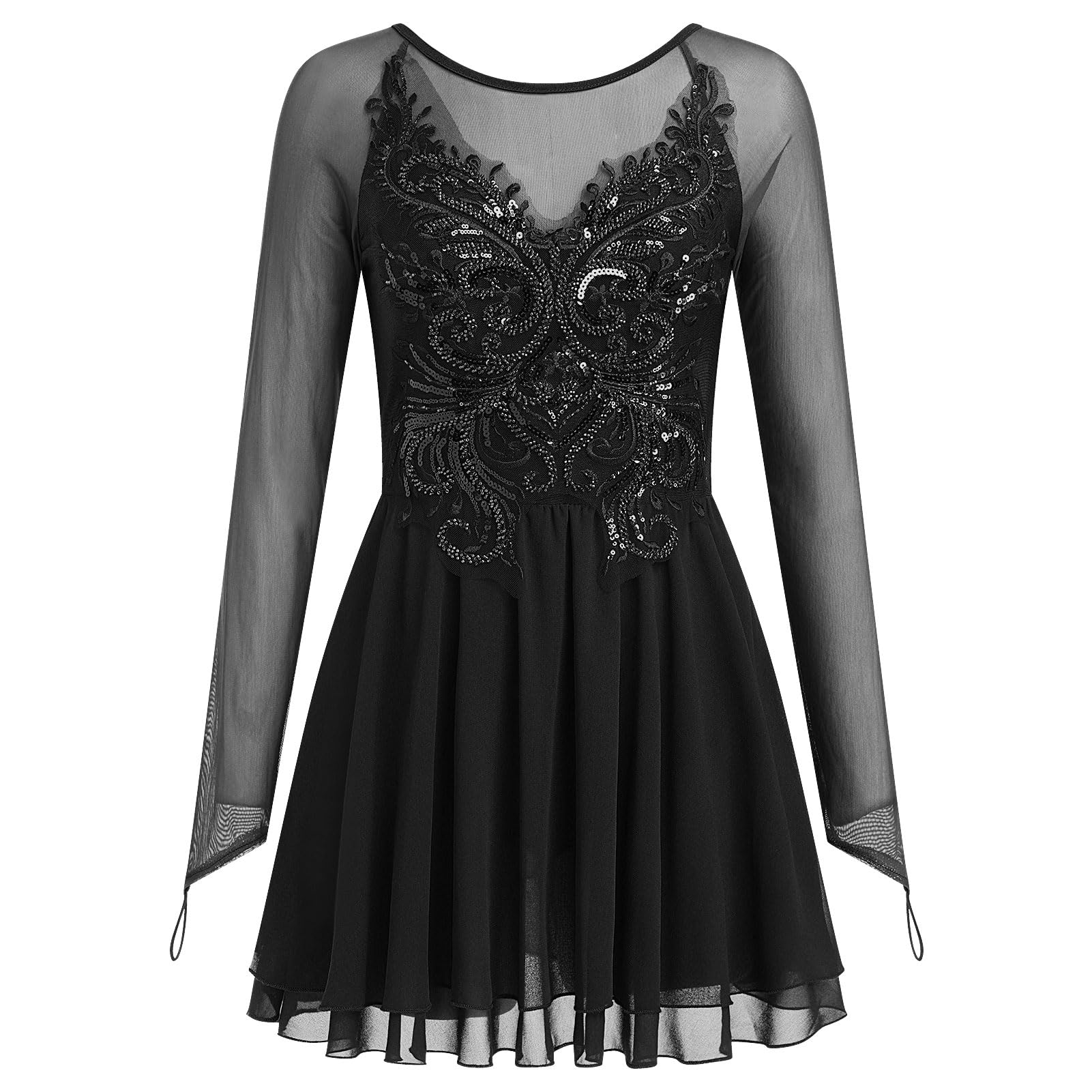 FYMNSI Robe de danse, patinage artistique, à manches longues, pour femme, patinage artistique, compétition, costume de danse avec paillettes, fleurs, en mousseline de soie, robe de ballet