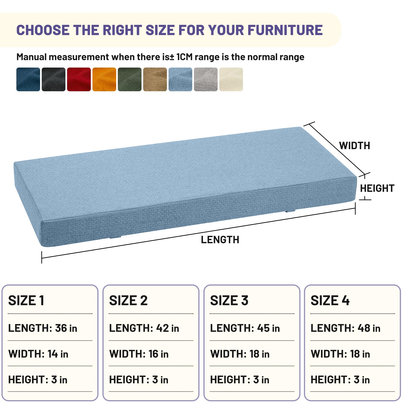 Sutteles Bench Cushion, Bench Cushion for Indoor Furniture, Indoor Window Cushion, with Non-Slip Bottom and Velcro Design, for Indoor/Piano Bench Cushion (36x14x3, Light Blue)