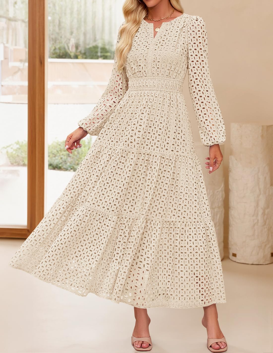 ZESICA Women's 2026 Spring Long Sleeve Maxi Dress V Neck Hollow Out Eyelet A Line Long Flowy Casual Party Dresses - Image 8