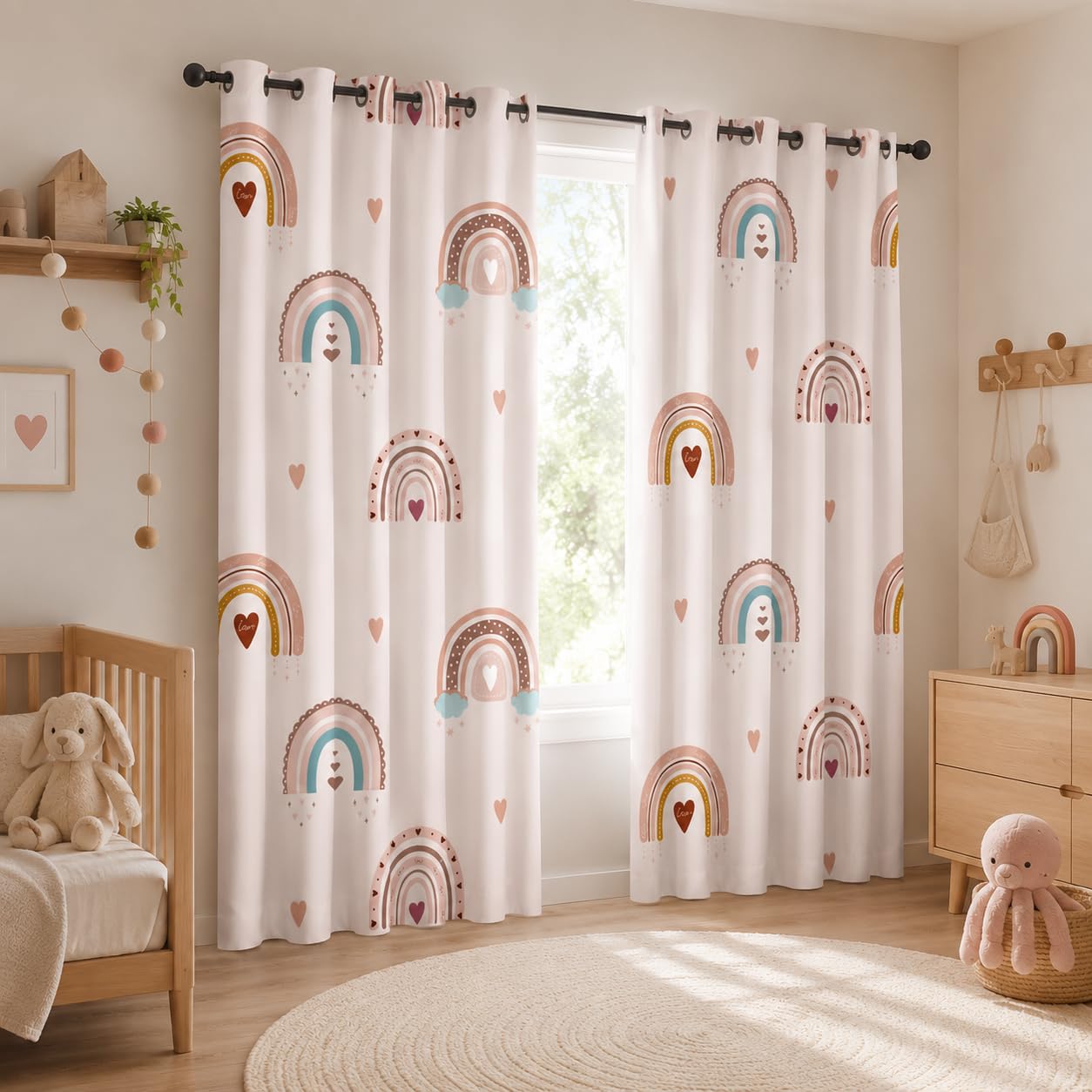 Vorhänge Regenbogen, Verdunkelungsvorhang Boho Liebesherz mit Ösen, Vorhang Blickdicht Thermovorhang für Schlafzimmer Wohnzimmer Kinderzimmer, Ombre Gardinen Deko 2er Set 160 x 100 cm (HxB) T-176