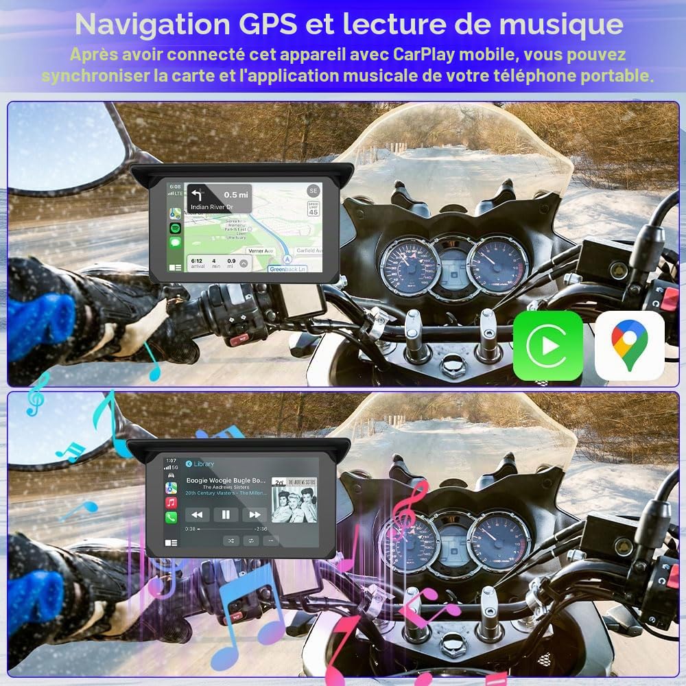 VSYSTO Écran Carplay Moto, Carplay sans Fil et Android Auto Navigation GPS pour Moto, Tactile étanche IP67 de 5 Pouces avec Dual Bluetooth, Siri, Assistant Vocal, Double Port USB, Support