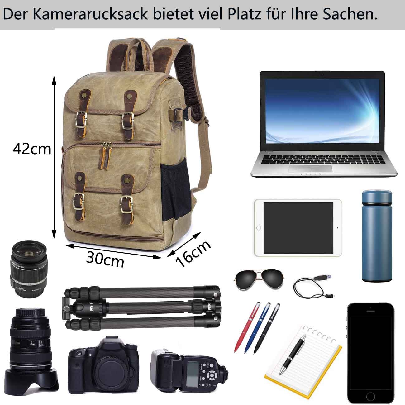 Neuleben Plecak na aparat fotograficzny, z kieszenią na laptopa, schowek na akcesoria, wodoszczelny w stylu vintage, do kamery DSLR, brązowy, Einheitsgröße, Plecak